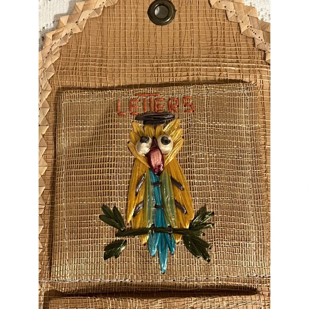 Vintage Woven Straw Owl Mail Organizer Wall Hanging 3 Pocket Raffia Boho 70s